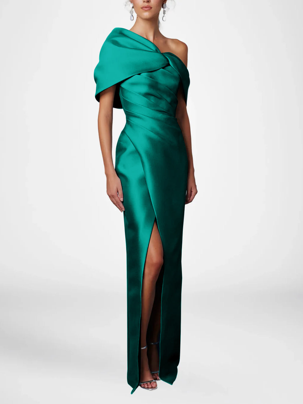 Sheath Column One Shoulder Half Sleeves Floor Length Mother Of The Bride Dresses With Ruffles