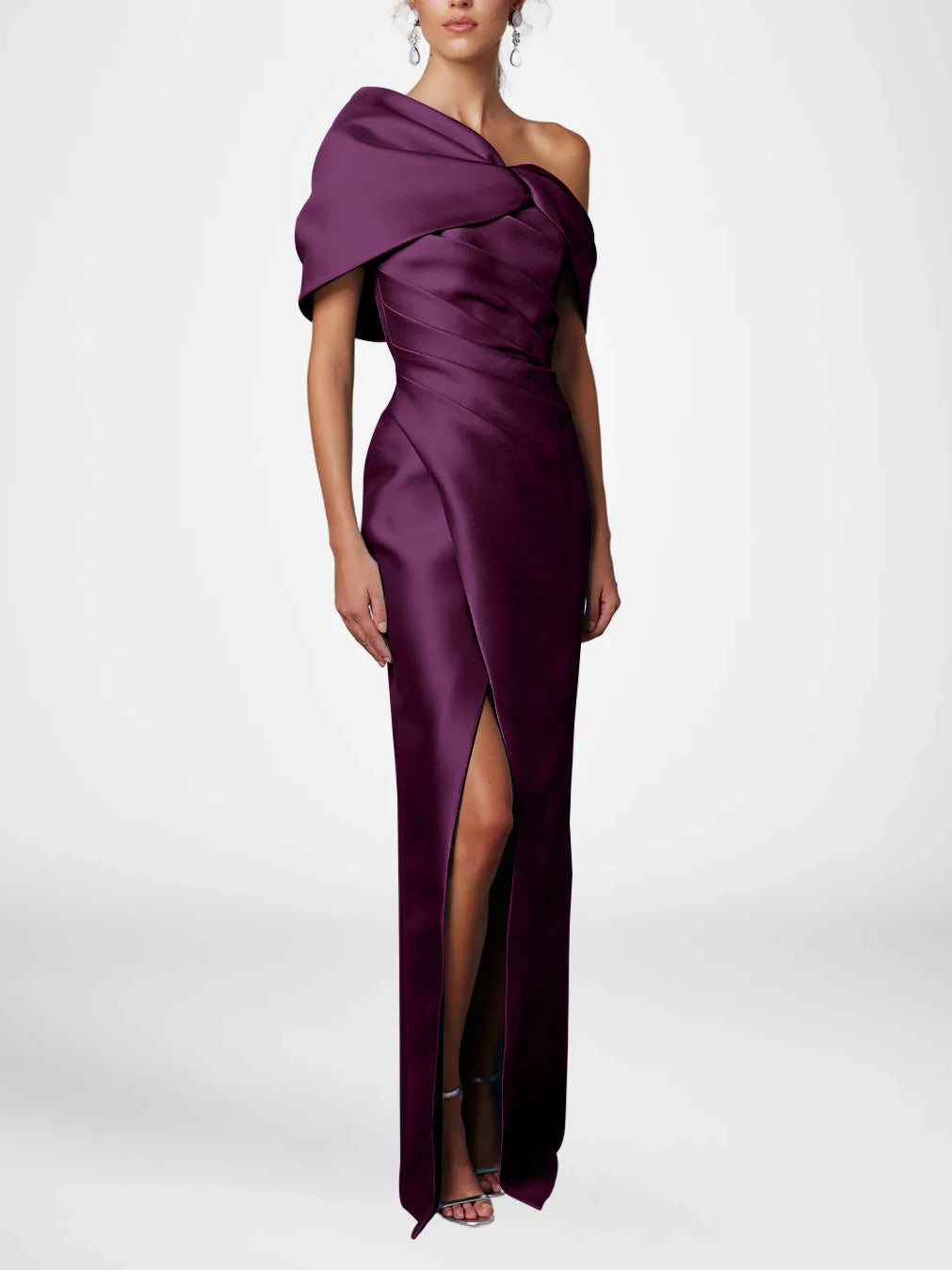 Sheath Column One Shoulder Half Sleeves Floor Length Mother Of The Bride Dresses With Ruffles