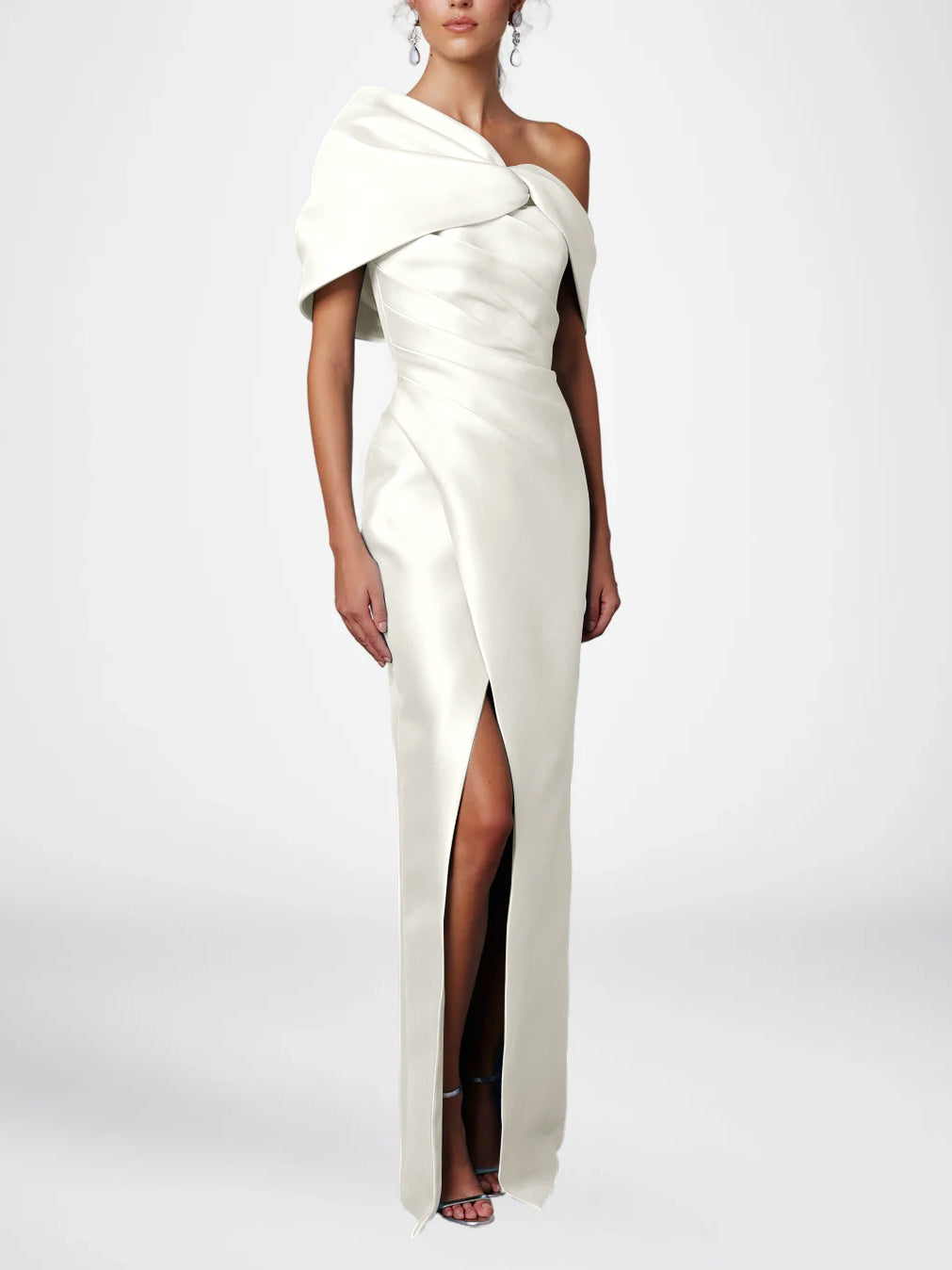 Sheath Column One Shoulder Half Sleeves Floor Length Mother Of The Bride Dresses With Ruffles
