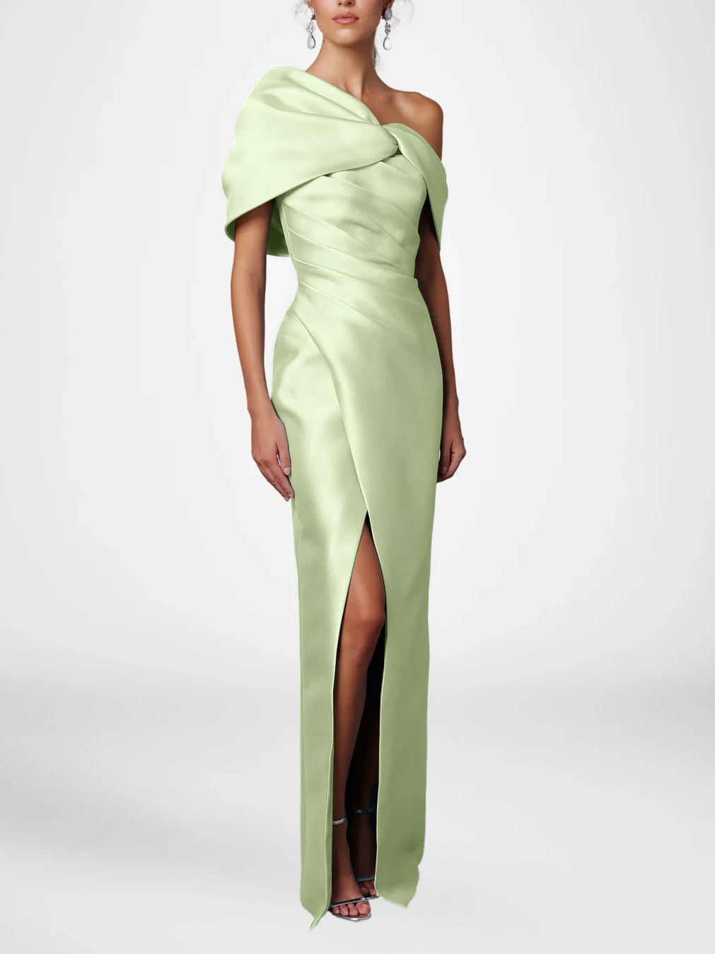 Sheath Column One Shoulder Half Sleeves Floor Length Mother Of The Bride Dresses With Ruffles