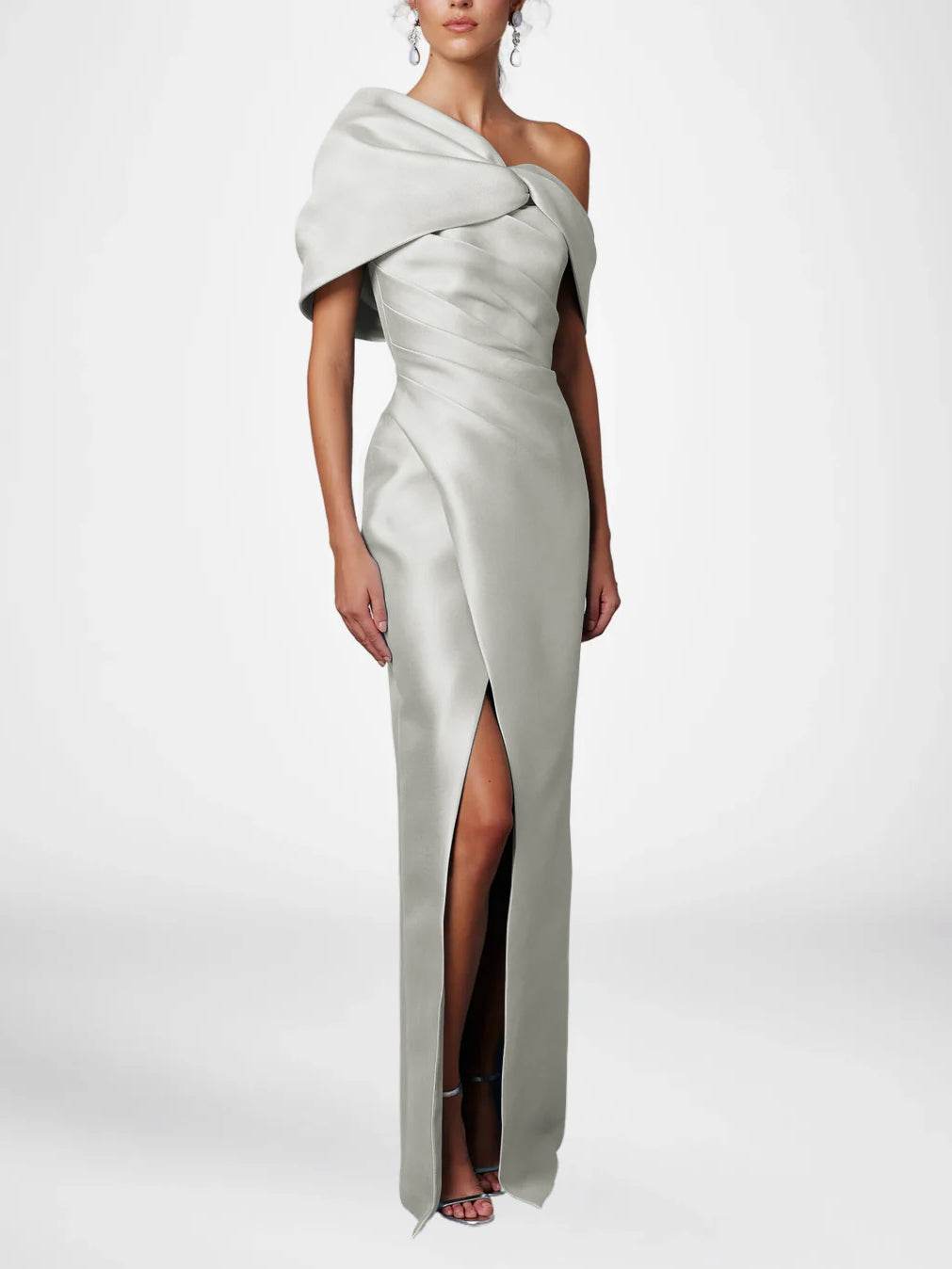 Sheath Column One Shoulder Half Sleeves Floor Length Mother Of The Bride Dresses With Ruffles