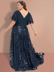 A Line Princess V Neck Short Sleeves Floor Length Plus Size Mother Of The Bride Dresses With Sequins