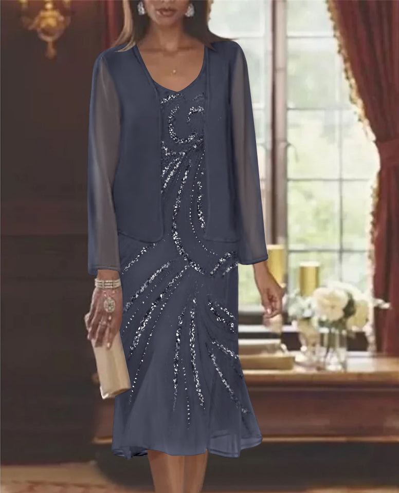 Chiffon 2 Pieces V Neck Knee Length Mother Of The Bride Dresses With Jacket Sequins Beading