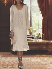 Chiffon 2 Pieces V Neck Knee Length Mother Of The Bride Dresses With Jacket Sequins Beading