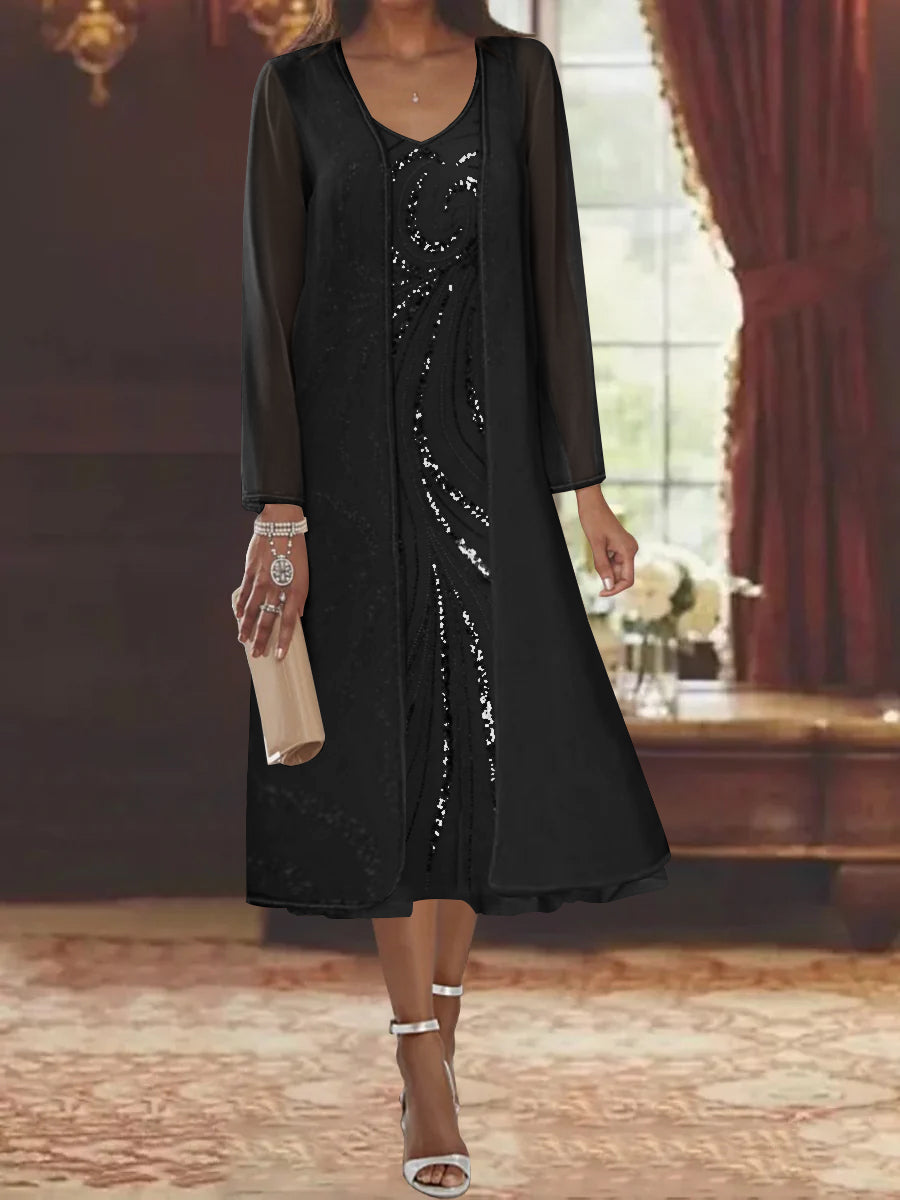 Sheath Column V Neck Long Sleeves Tea Length Mother Of The Bride Dresses With Jacket Sequins Beading