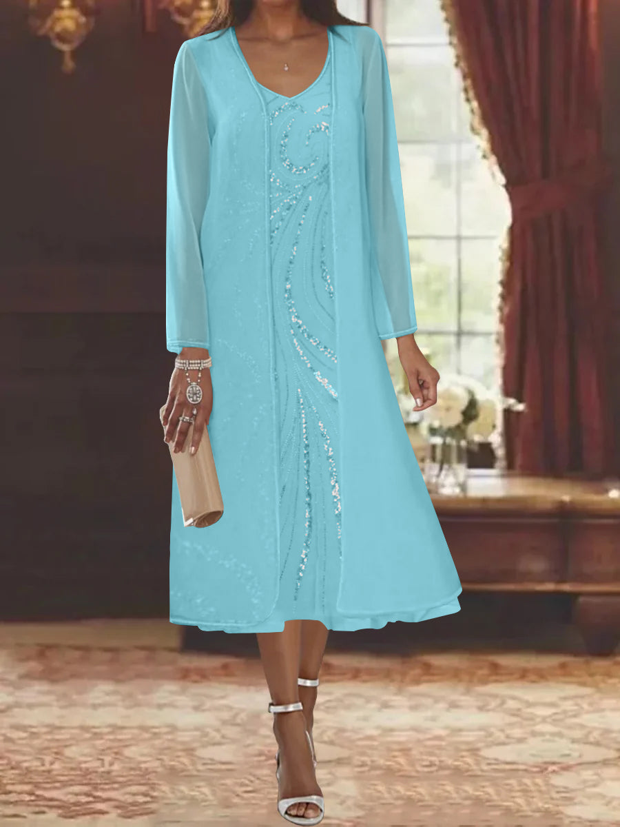 Sheath Column V Neck Long Sleeves Tea Length Mother Of The Bride Dresses With Jacket Sequins Beading