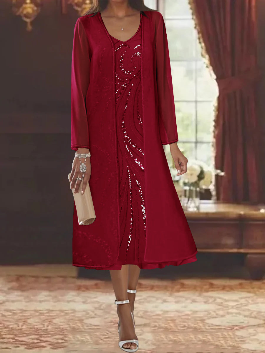 Sheath Column V Neck Long Sleeves Tea Length Mother Of The Bride Dresses With Jacket Sequins Beading
