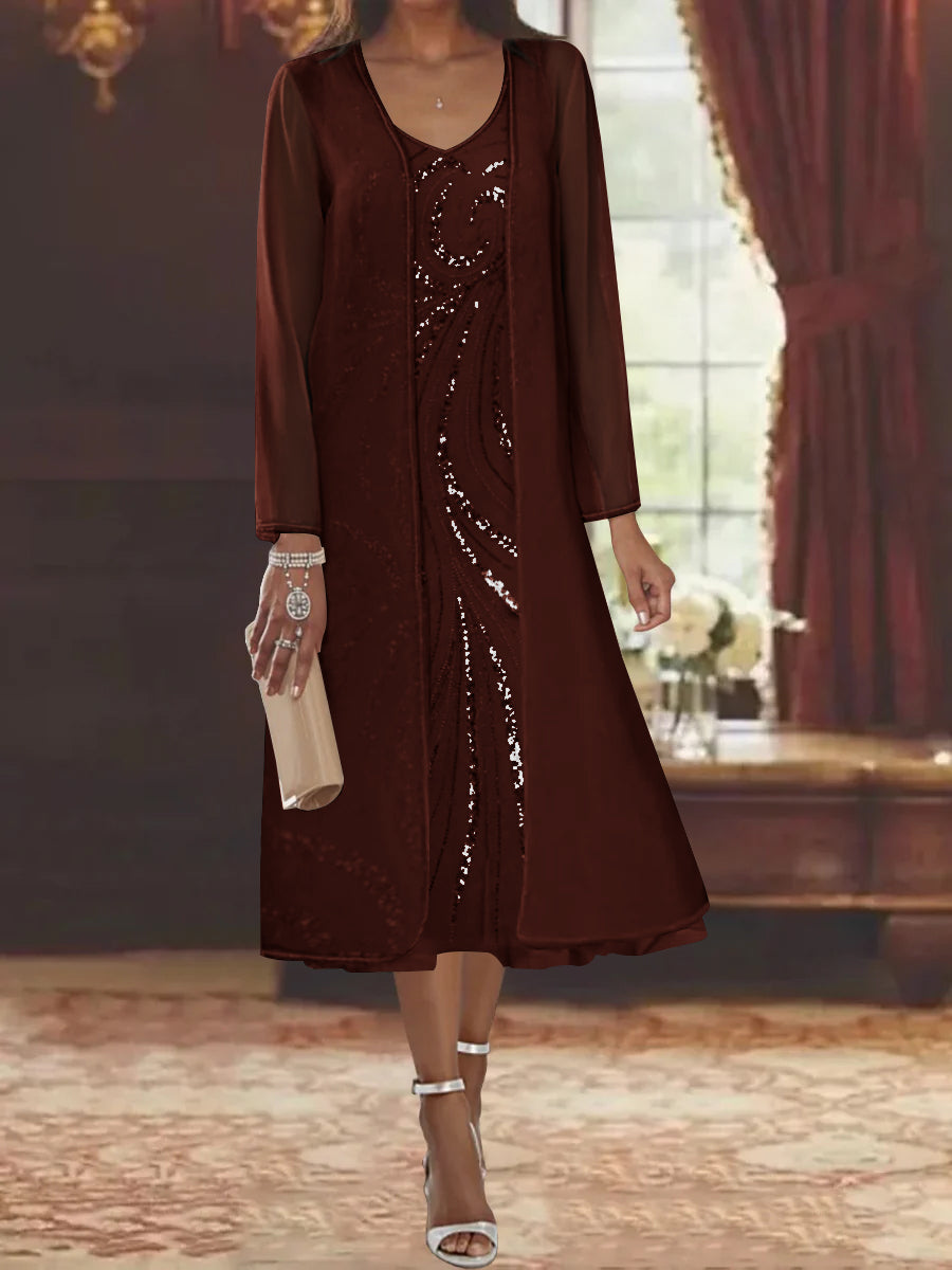 Sheath Column V Neck Long Sleeves Tea Length Mother Of The Bride Dresses With Jacket Sequins Beading