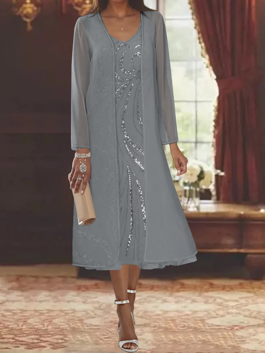 Sheath Column V Neck Long Sleeves Tea Length Mother Of The Bride Dresses With Jacket Sequins Beading