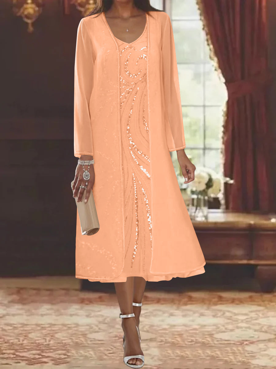 Sheath Column V Neck Long Sleeves Tea Length Mother Of The Bride Dresses With Jacket Sequins Beading