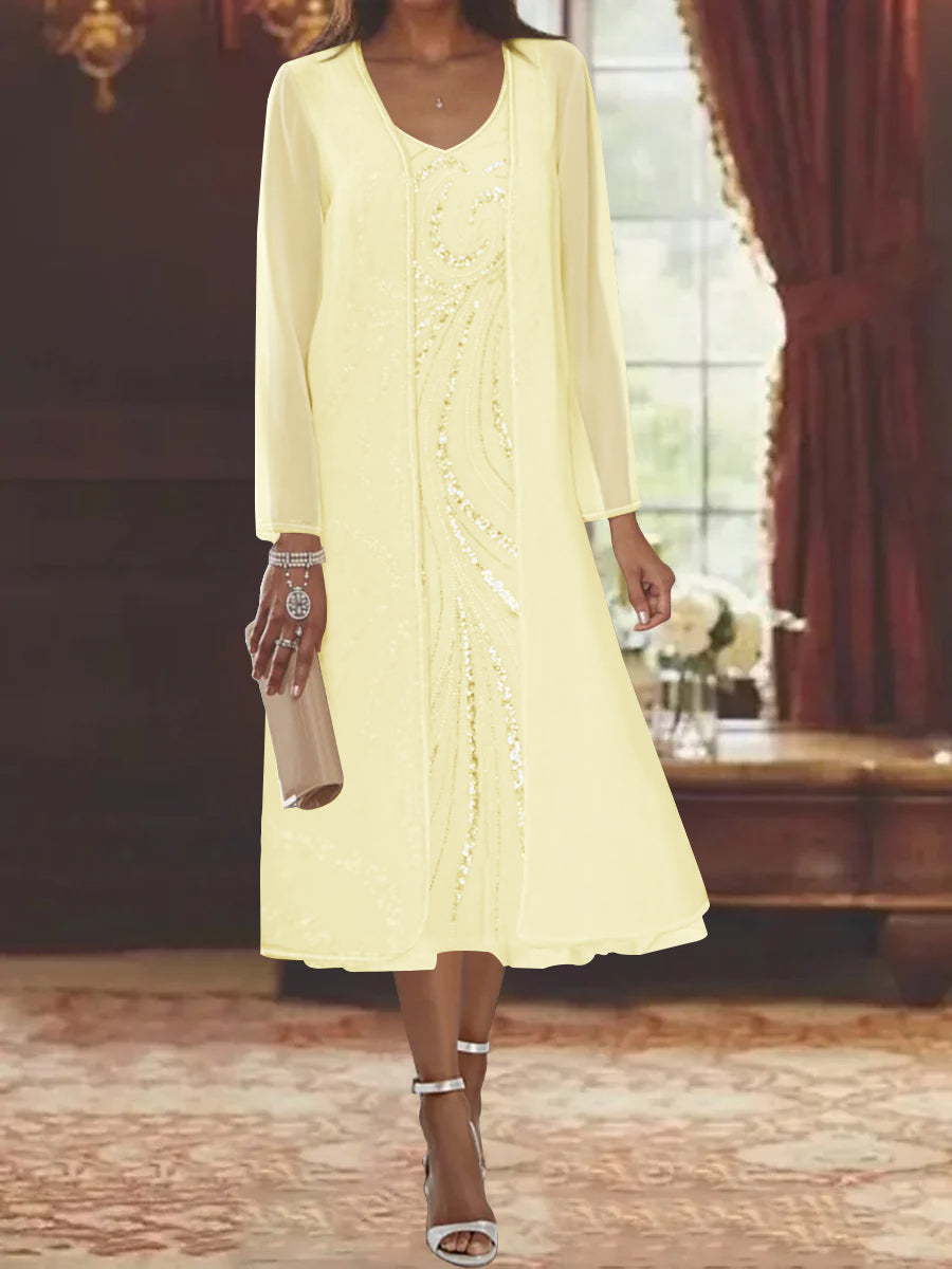 Sheath Column V Neck Long Sleeves Tea Length Mother Of The Bride Dresses With Jacket Sequins Beading