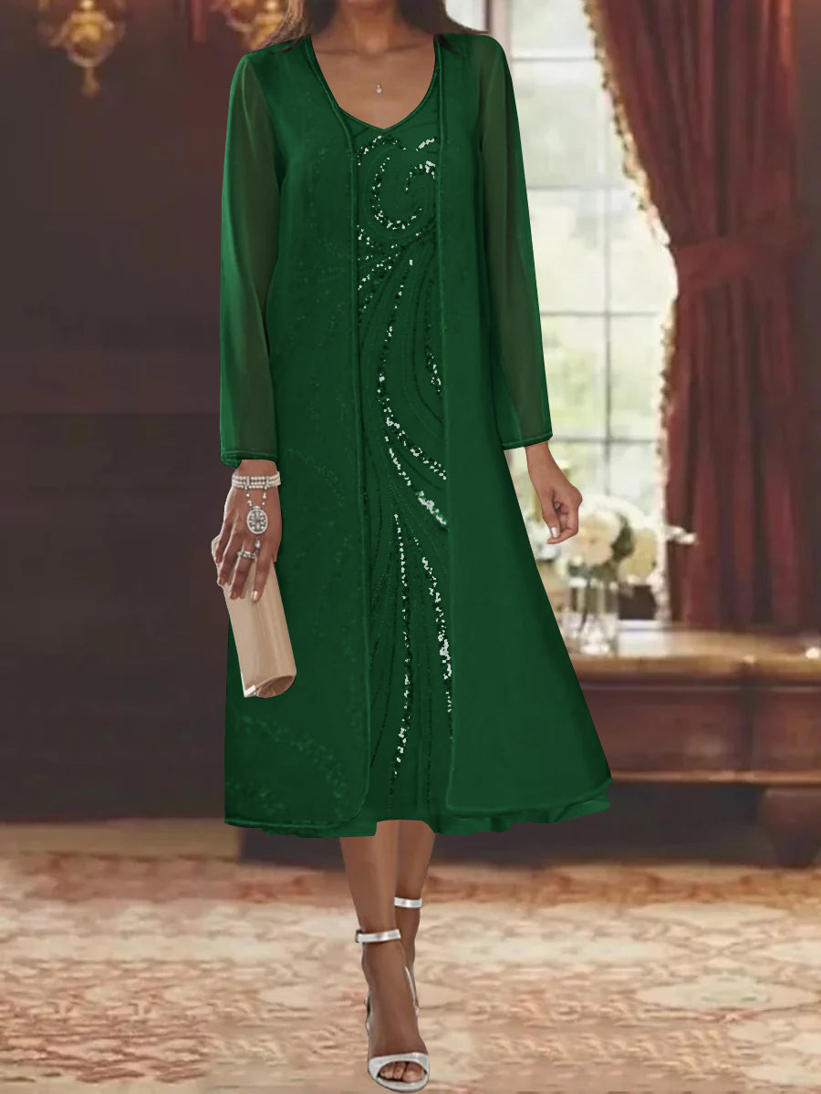 Sheath Column V Neck Long Sleeves Tea Length Mother Of The Bride Dresses With Jacket Sequins Beading