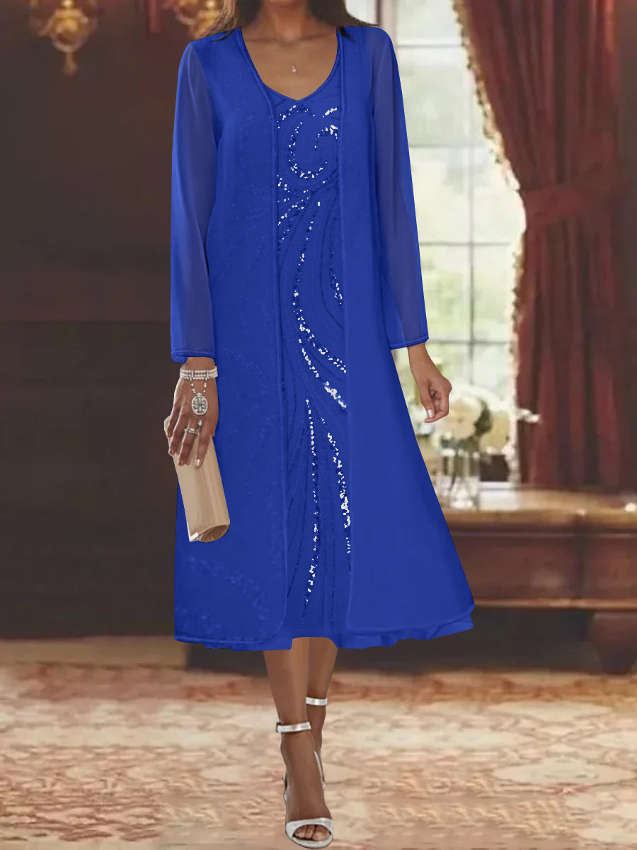 Sheath Column V Neck Long Sleeves Tea Length Mother Of The Bride Dresses With Jacket Sequins Beading