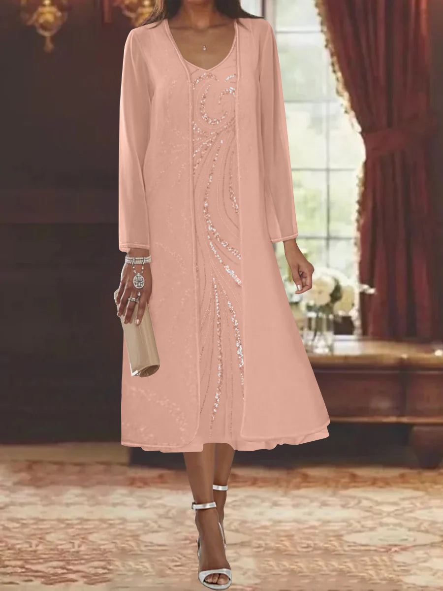Sheath Column V Neck Long Sleeves Tea Length Mother Of The Bride Dresses With Jacket Sequins Beading