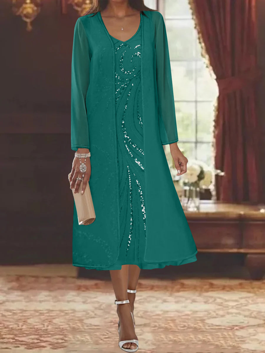 Sheath Column V Neck Long Sleeves Tea Length Mother Of The Bride Dresses With Jacket Sequins Beading