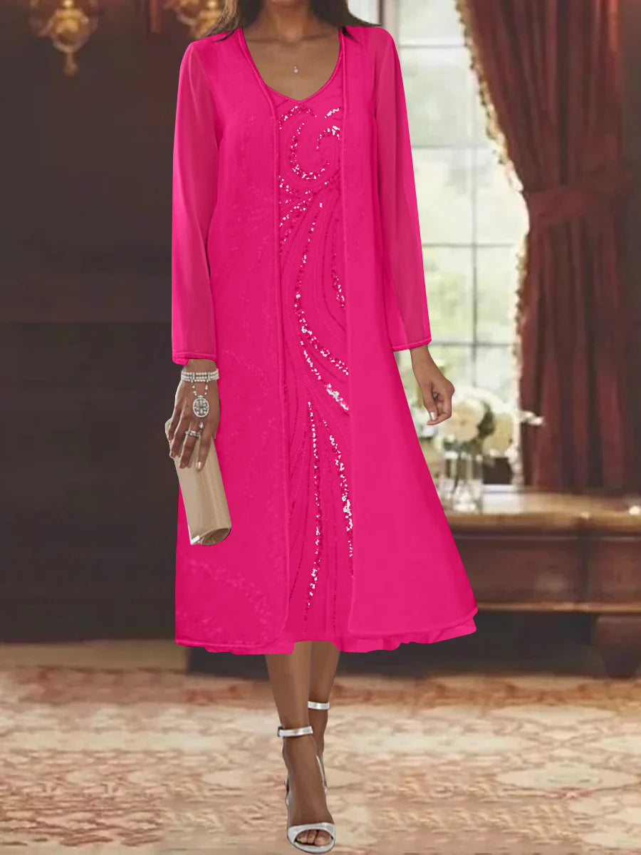 Sheath Column V Neck Long Sleeves Tea Length Mother Of The Bride Dresses With Jacket Sequins Beading