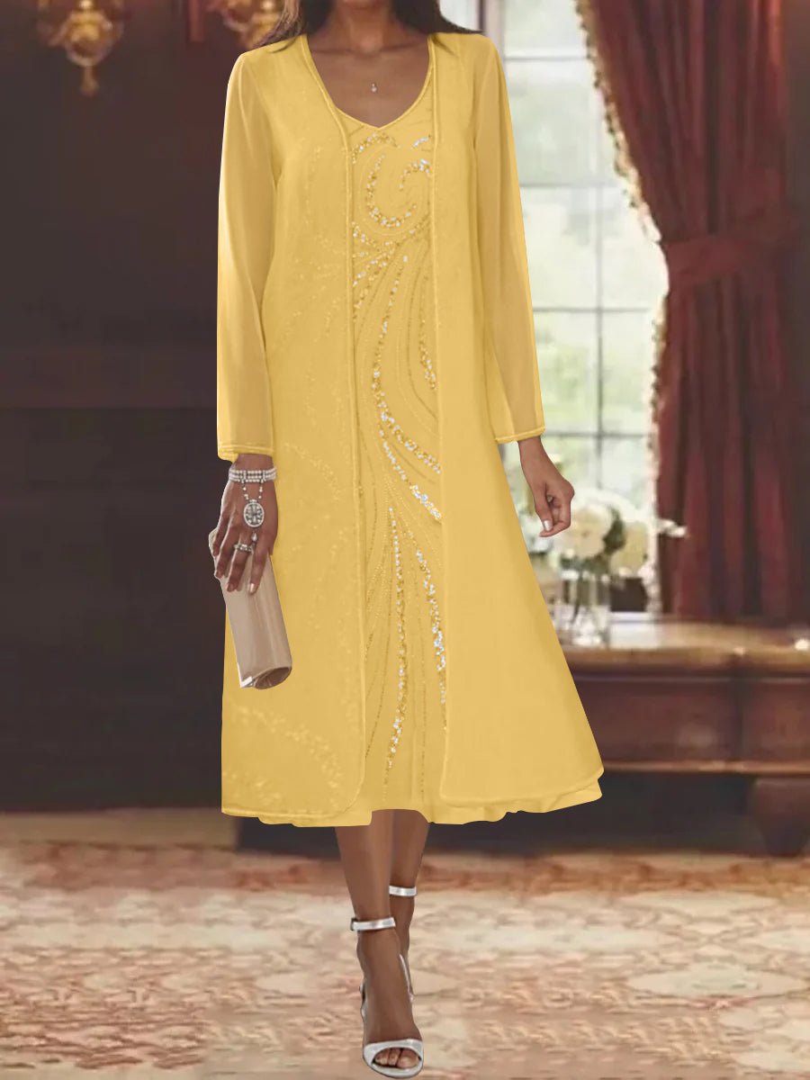 Sheath Column V Neck Long Sleeves Tea Length Mother Of The Bride Dresses With Jacket Sequins Beading