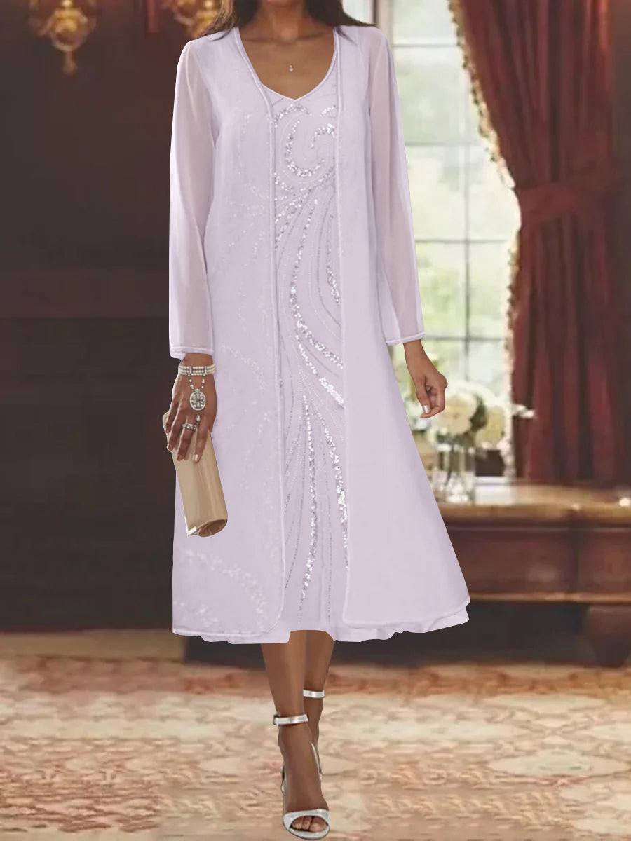 Sheath Column V Neck Long Sleeves Tea Length Mother Of The Bride Dresses With Jacket Sequins Beading