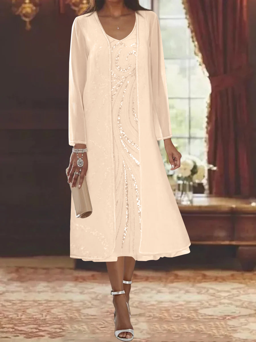 Sheath Column V Neck Long Sleeves Tea Length Mother Of The Bride Dresses With Jacket Sequins Beading