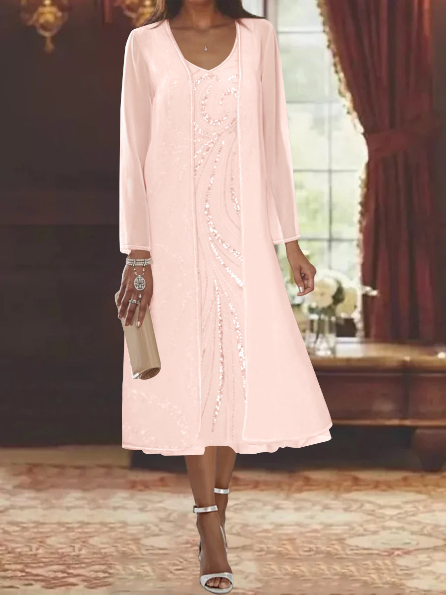 Sheath Column V Neck Long Sleeves Tea Length Mother Of The Bride Dresses With Jacket Sequins Beading