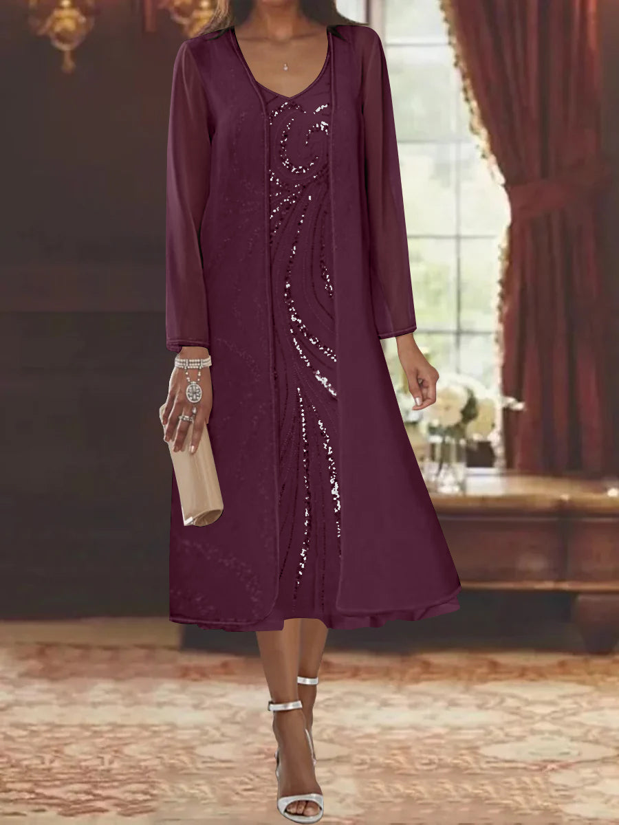 Sheath Column V Neck Long Sleeves Tea Length Mother Of The Bride Dresses With Jacket Sequins Beading