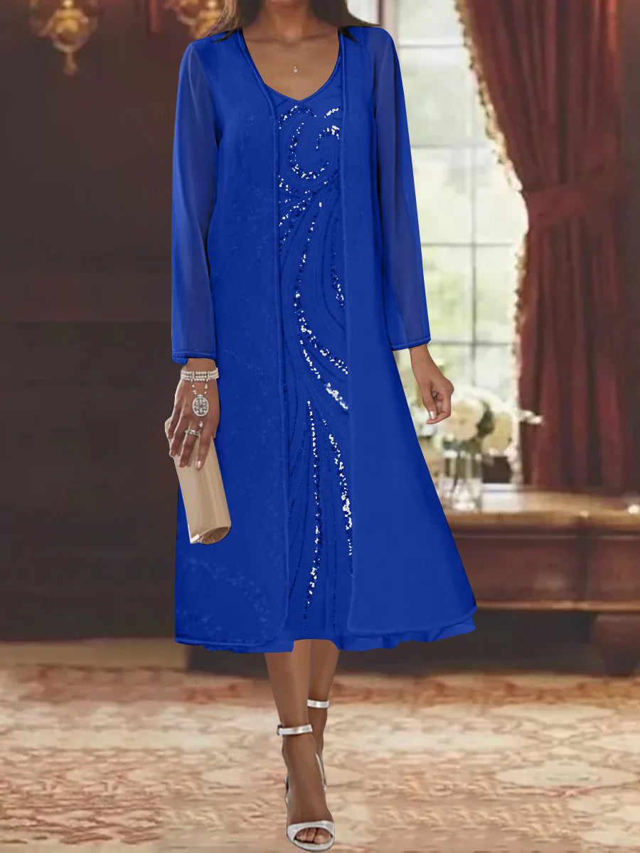 Sheath Column V Neck Long Sleeves Tea Length Mother Of The Bride Dresses With Jacket Sequins Beading