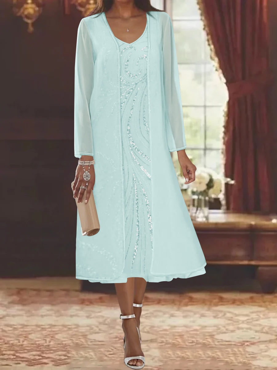 Sheath Column V Neck Long Sleeves Tea Length Mother Of The Bride Dresses With Jacket Sequins Beading