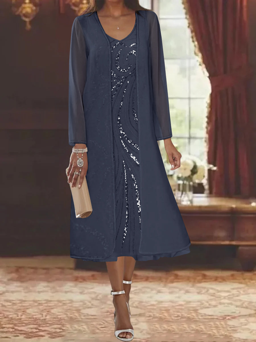 Sheath Column V Neck Long Sleeves Tea Length Mother Of The Bride Dresses With Jacket Sequins Beading
