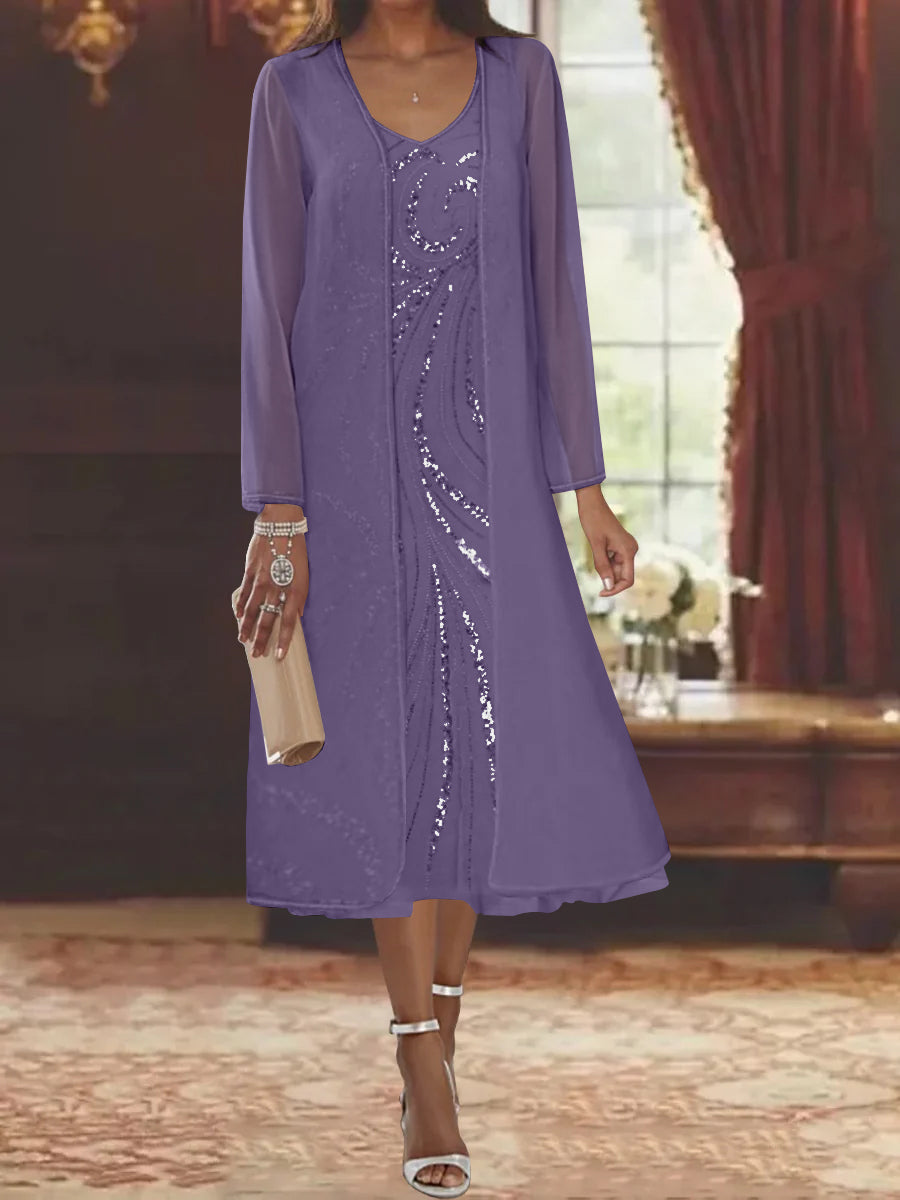 Sheath Column V Neck Long Sleeves Tea Length Mother Of The Bride Dresses With Jacket Sequins Beading