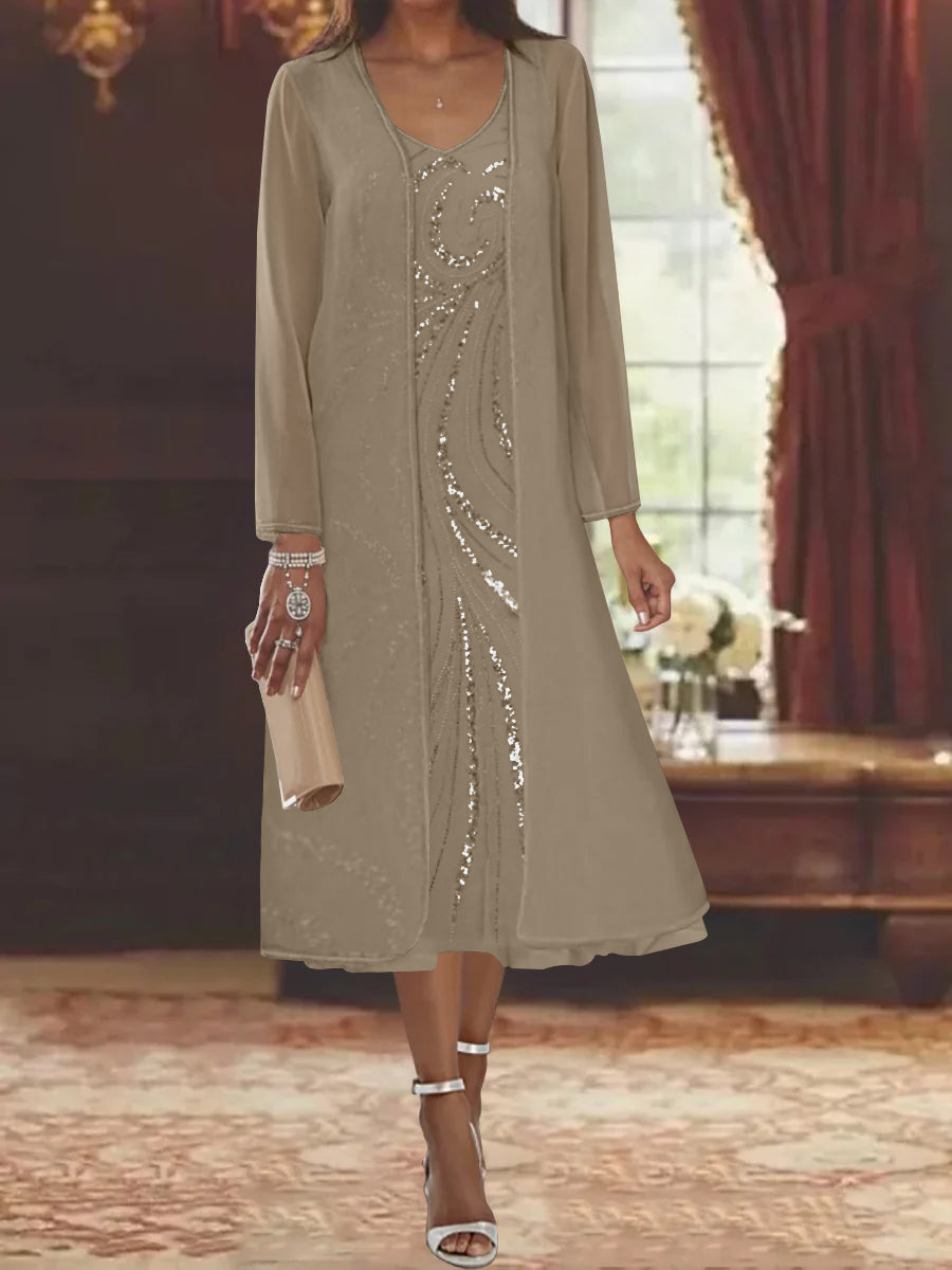 Sheath Column V Neck Long Sleeves Tea Length Mother Of The Bride Dresses With Jacket Sequins Beading