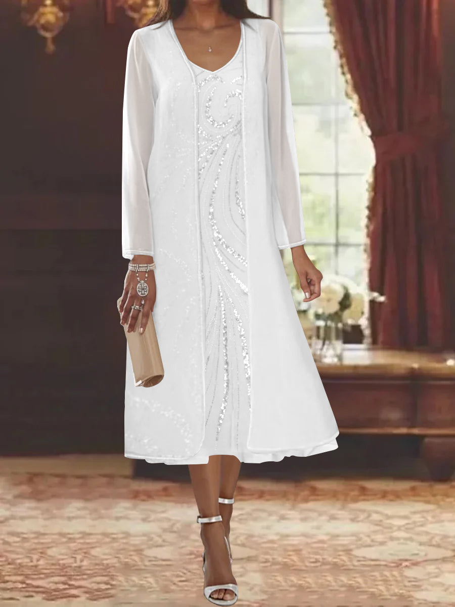 Sheath Column V Neck Long Sleeves Tea Length Mother Of The Bride Dresses With Jacket Sequins Beading