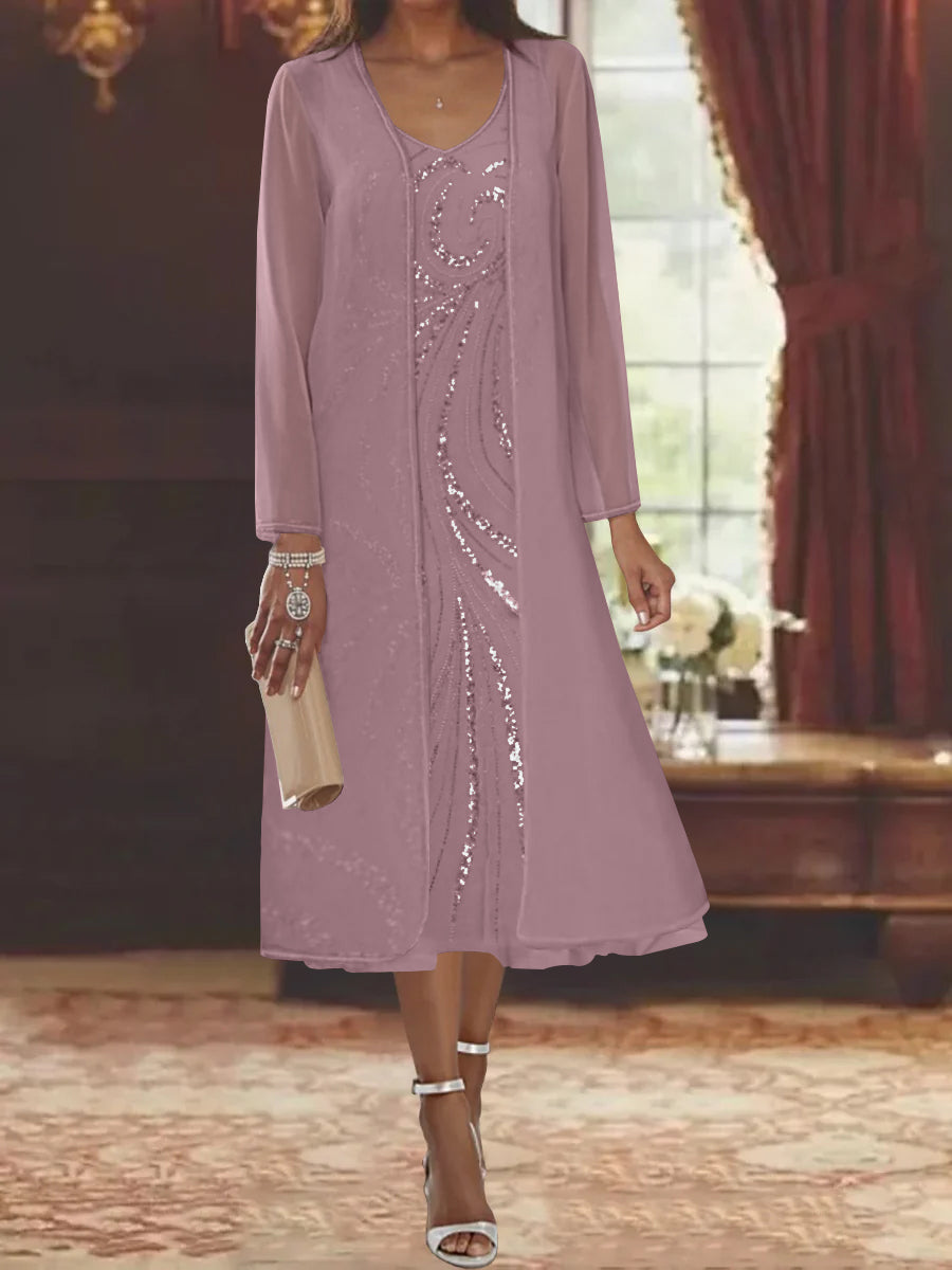 Sheath Column V Neck Long Sleeves Tea Length Mother Of The Bride Dresses With Jacket Sequins Beading