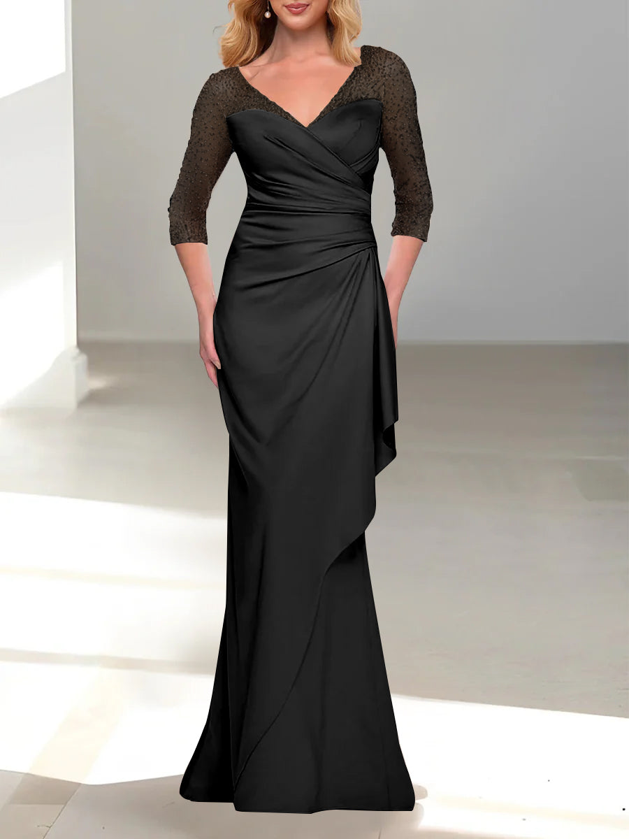 Trumpet Mermaid V Neck 3 4 Sleeves Mother Of The Bride Dresses With Beading