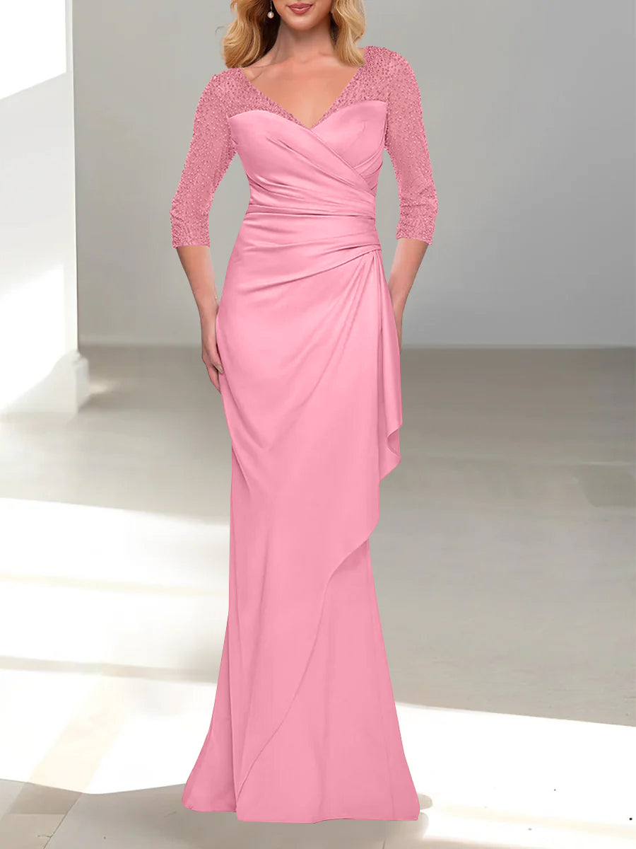 Trumpet Mermaid V Neck 3 4 Sleeves Mother Of The Bride Dresses With Beading
