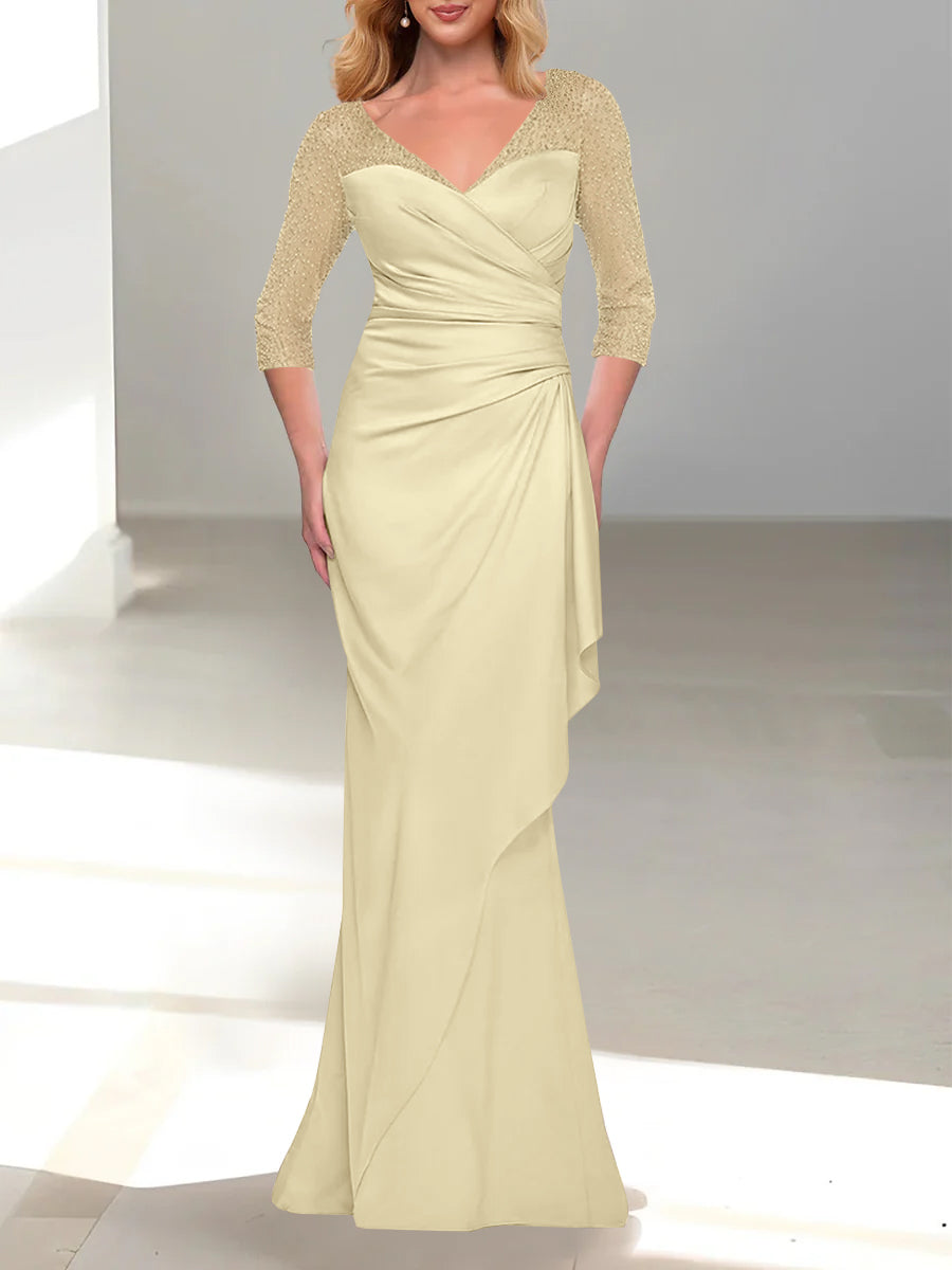 Trumpet Mermaid V Neck 3 4 Sleeves Mother Of The Bride Dresses With Beading