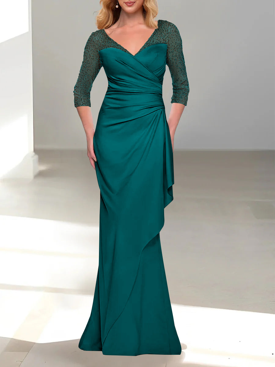 Trumpet Mermaid V Neck 3 4 Sleeves Mother Of The Bride Dresses With Beading