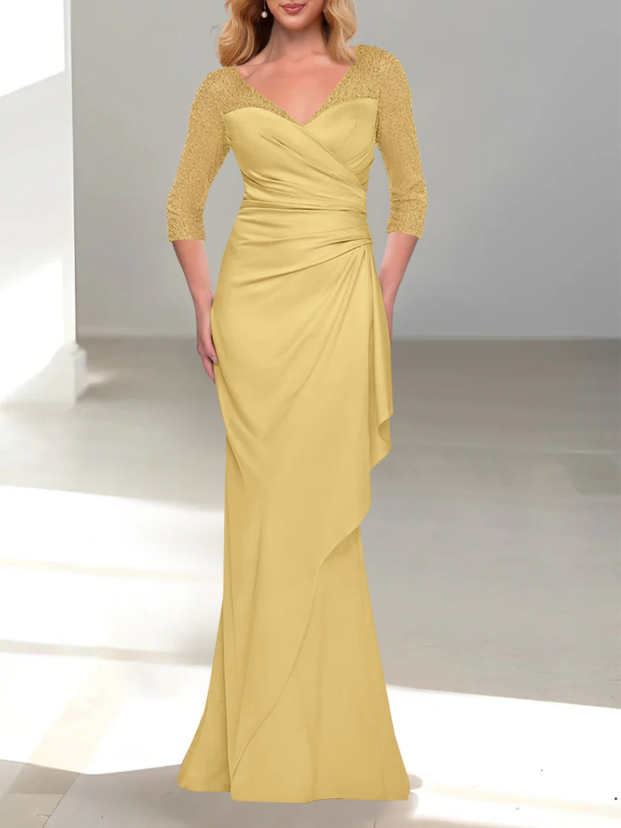 Trumpet Mermaid V Neck 3 4 Sleeves Mother Of The Bride Dresses With Beading
