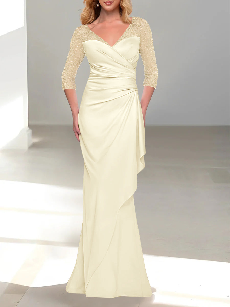 Trumpet Mermaid V Neck 3 4 Sleeves Mother Of The Bride Dresses With Beading