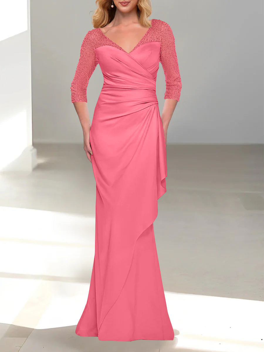 Trumpet Mermaid V Neck 3 4 Sleeves Mother Of The Bride Dresses With Beading