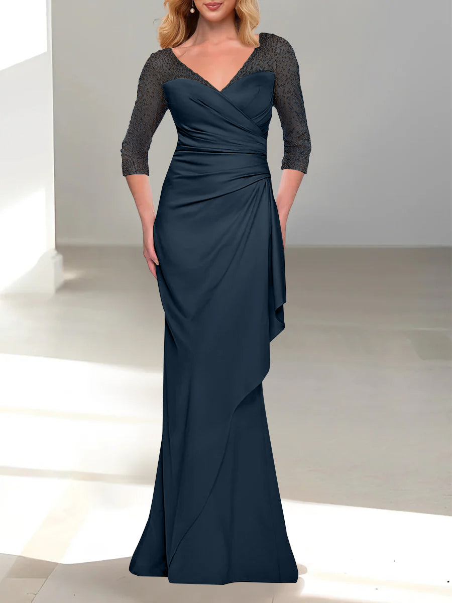 Trumpet Mermaid V Neck 3 4 Sleeves Mother Of The Bride Dresses With Beading
