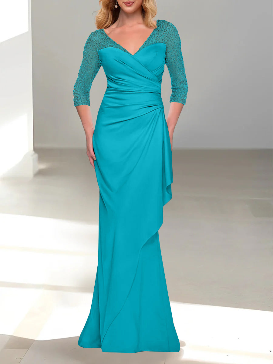 Trumpet Mermaid V Neck 3 4 Sleeves Mother Of The Bride Dresses With Beading