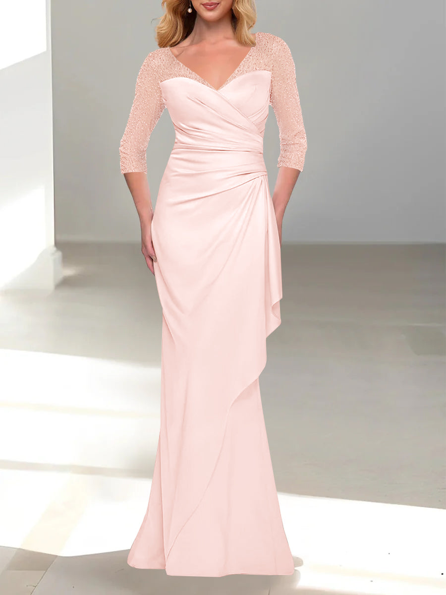 Trumpet Mermaid V Neck 3 4 Sleeves Mother Of The Bride Dresses With Beading