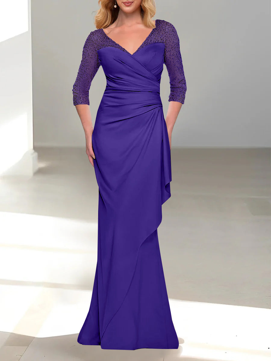 Trumpet Mermaid V Neck 3 4 Sleeves Mother Of The Bride Dresses With Beading