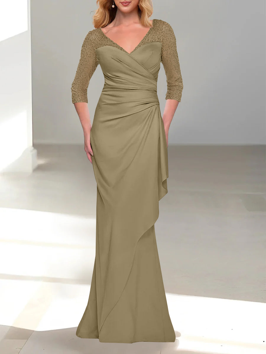 Trumpet Mermaid V Neck 3 4 Sleeves Mother Of The Bride Dresses With Beading