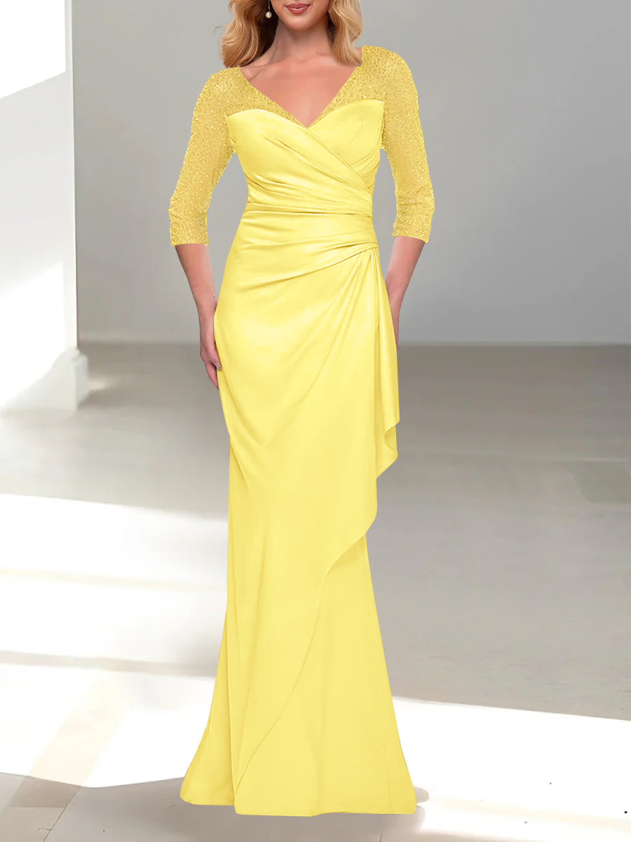 Trumpet Mermaid V Neck 3 4 Sleeves Mother Of The Bride Dresses With Beading