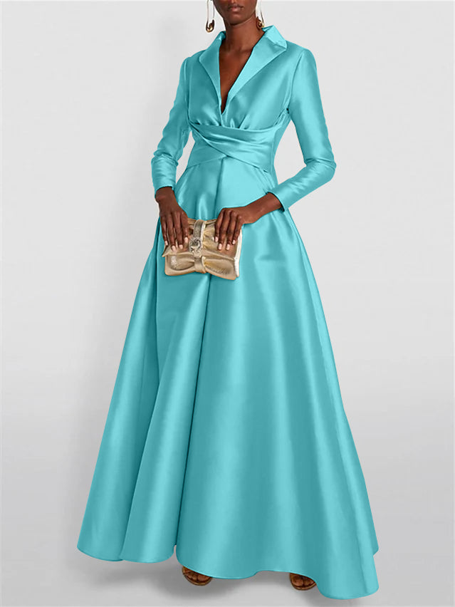 A Line Princess Long Sleeves V Neck Floor Length Evening Dresses