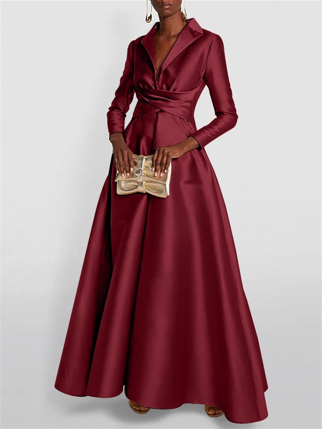 A Line Princess Long Sleeves V Neck Floor Length Evening Dresses