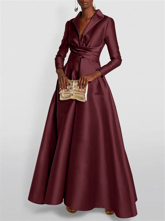 A Line Princess Long Sleeves V Neck Floor Length Evening Dresses