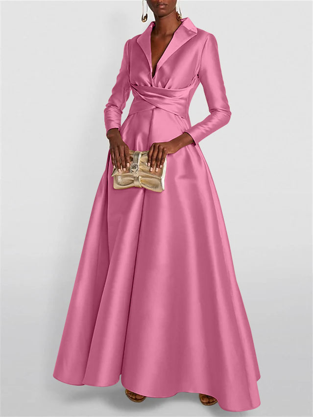 A Line Princess Long Sleeves V Neck Floor Length Evening Dresses