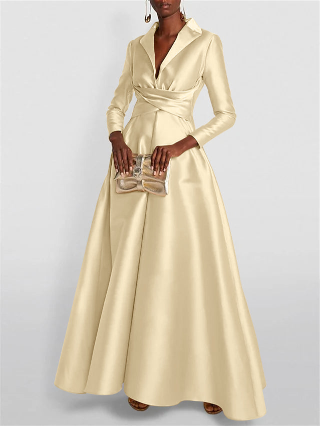 A Line Princess Long Sleeves V Neck Floor Length Evening Dresses